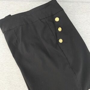 Womens Black Sailor Button Cropped Pants Sz 16 Grandma Coastal Nautical Pull On